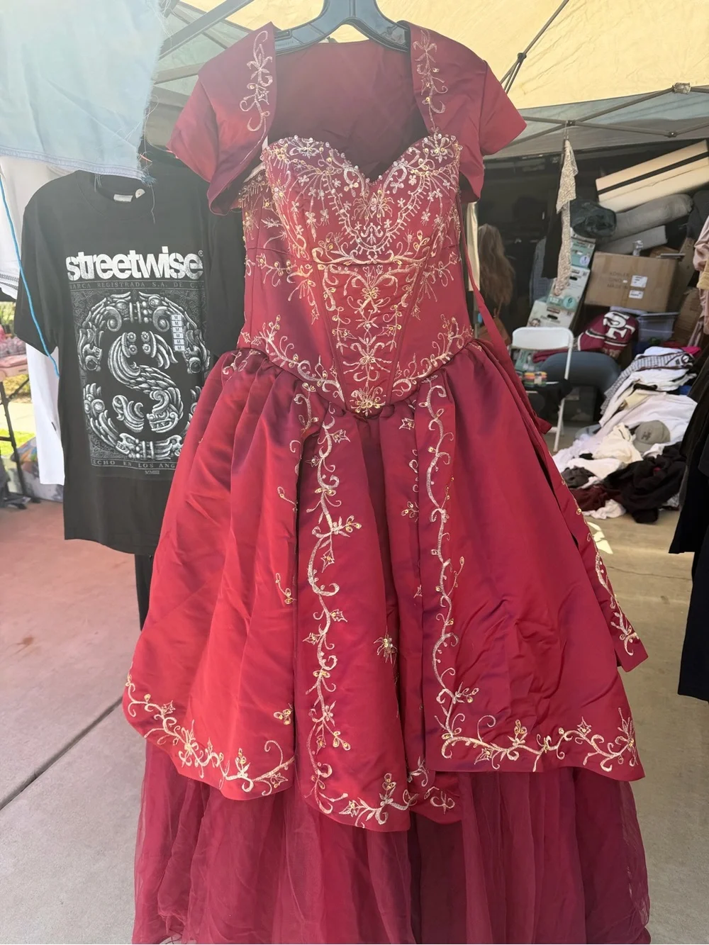 Kids Burgundy Princess Ball Gown Costume with Gold Embroidery